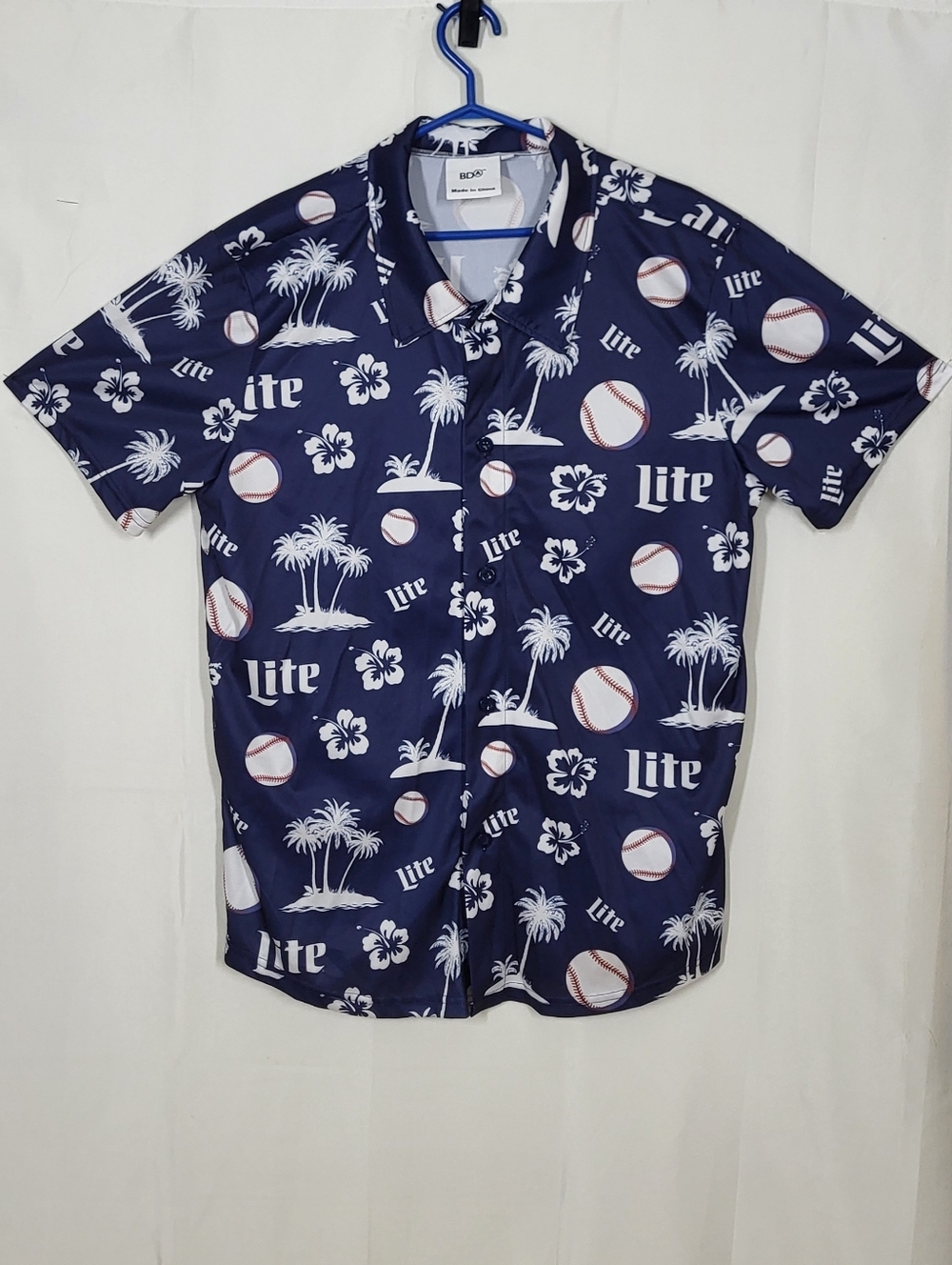 Navy Short-Sleeve Button-Down Shirt with Tropical & Baseball Print